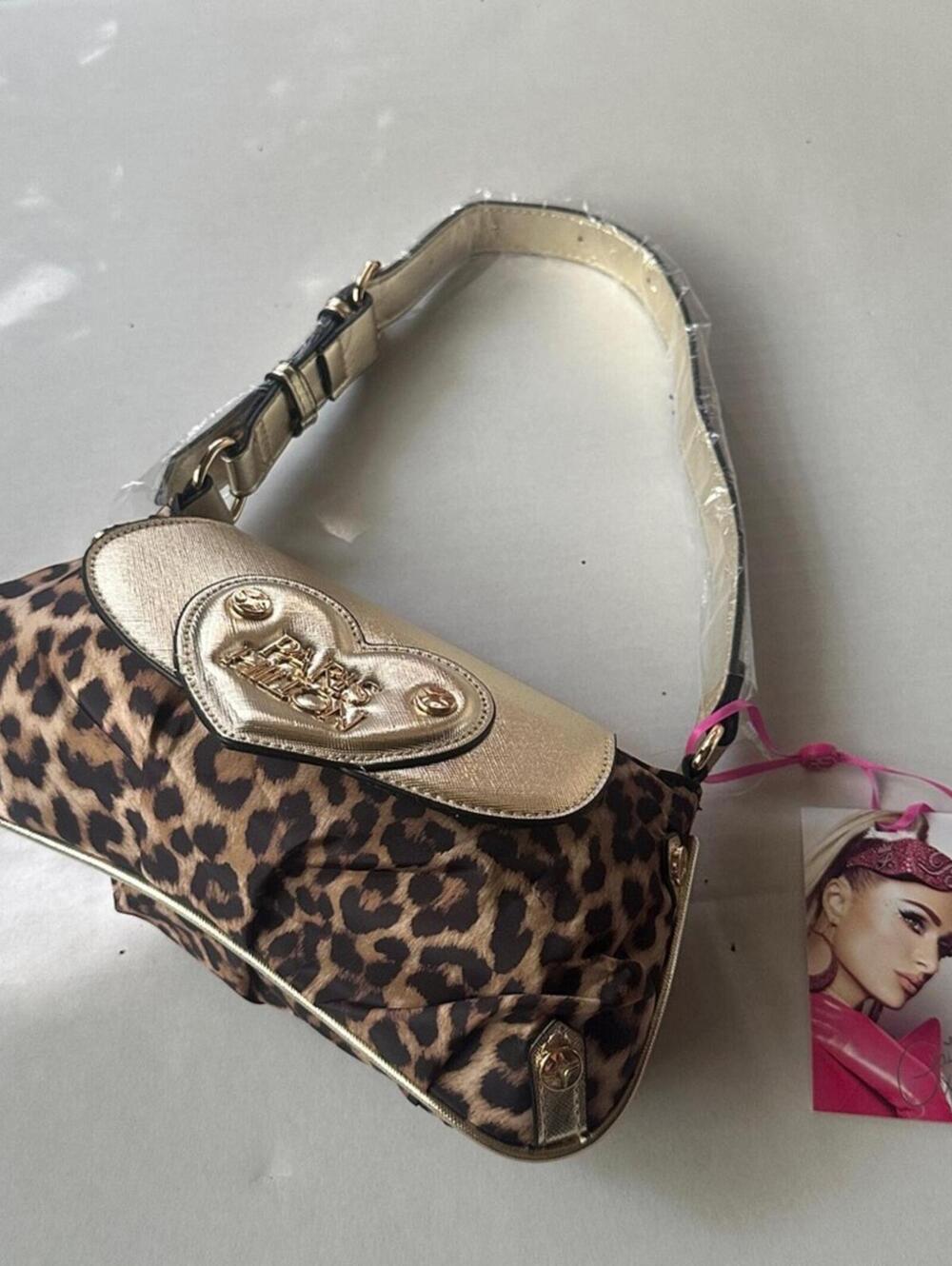 Paris Hilton New With Tags Leopard Print Gold Heart Baguette Shoulder Bag - Picture 4 of 15